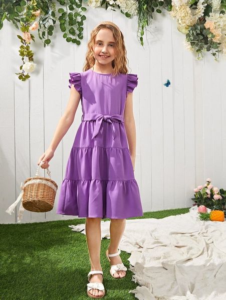 

girls butterfly sleeve flounce hem belted dress she, Red;yellow