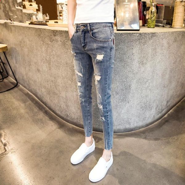

wholesale 2020 trendy men's self-cultivation ripped denim trousers social spirit guy denim trousers ankle length pencil pants, Blue