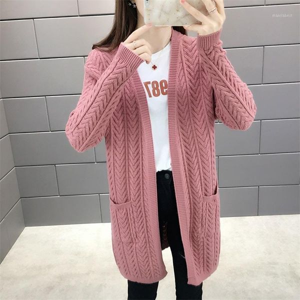

2020 spring autumn sweater casual long knitted cardigan women korean loose solid color pocket sweaters jacket female outerwear1, White