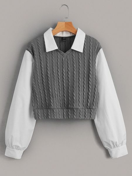 

contrast collar cable knit 2 in 1 blouse z5mt#, White