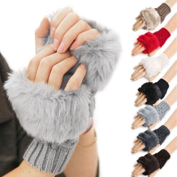 

winter gloves female fingerless gloves without fingers pompom faux fur wrist mittens knit patchwork guantes plush handschoenen, Blue;gray