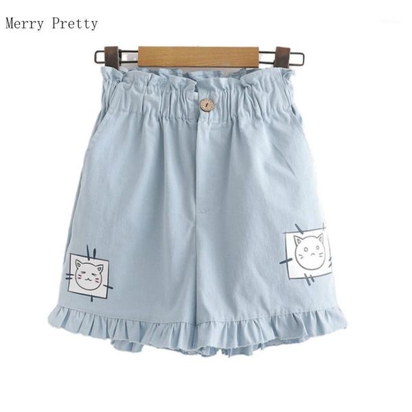 

women's shorts hight waist cartoon cat print women summer 2021 casual loose cotton mini korean style femme1, White;black