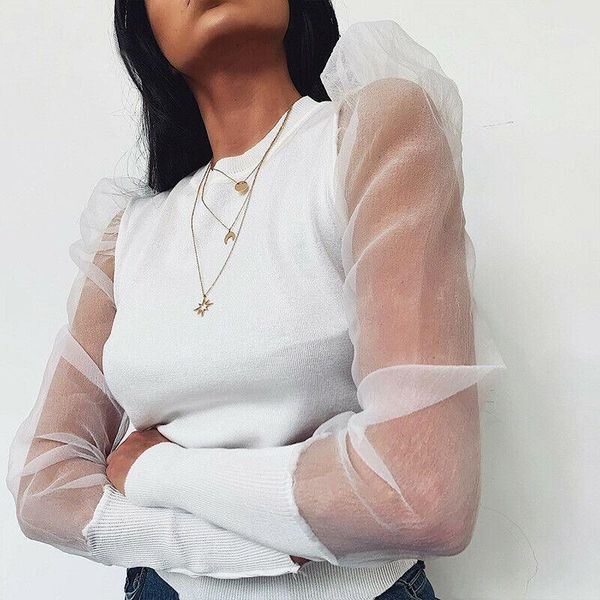 

elegant solid sheer mesh puff sleeve women shirts slim o-neck long sleeve shirts spring fall clothing ladies blouses 1, White