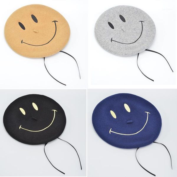 

autumn and winter new smiling face embroidered wool beret painter hat lady fashion warm bud hat girls beret women french 3721, Blue;gray