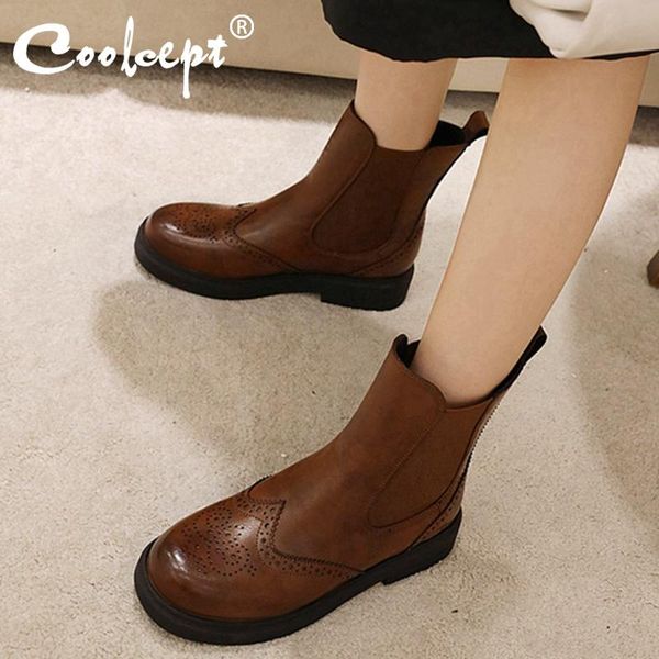 

coolcept ankle boots for women round toe thick heel slip on shoes retro fashion solid color ladies footwear winter size 34-43, Black