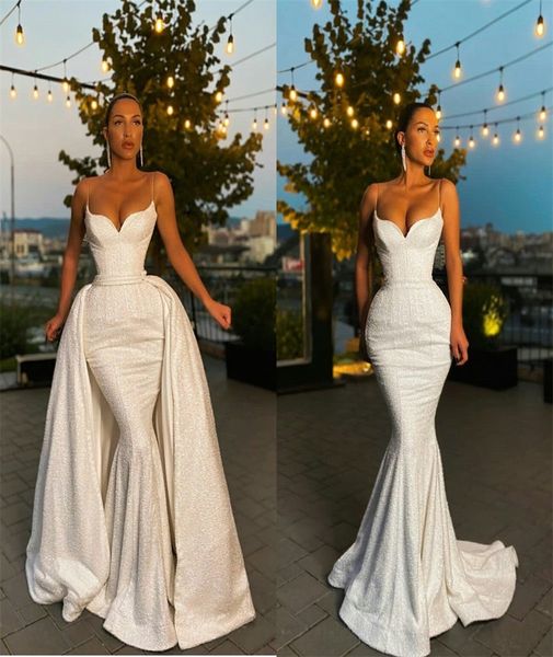 

luxury mermaid wedding dresses spaghetti sparkling sequins beaded sleeveless bridal gown with detachable train custom made vestidos de novia, White