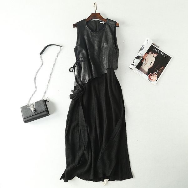 

high end genuine leather stitched woollen medium length black skirt sleeveless vest dress for women