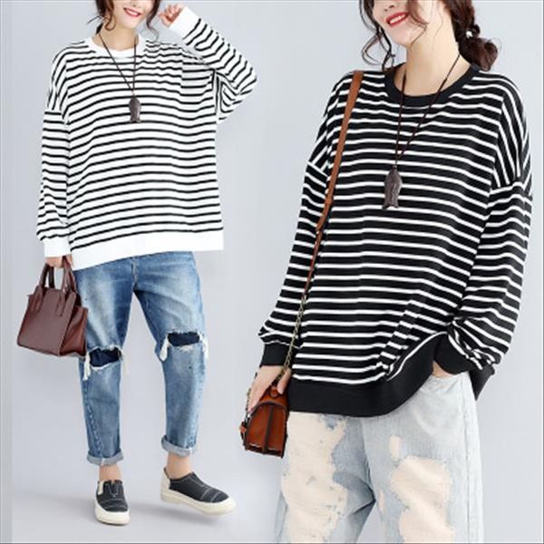 

obrix stripped cotton hoodie for women large oversize korean style female sweatshirt batwing long sleeve drop shipping, Black