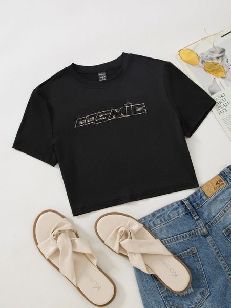 

letter graphic rhinestone crop tee o14n#, White