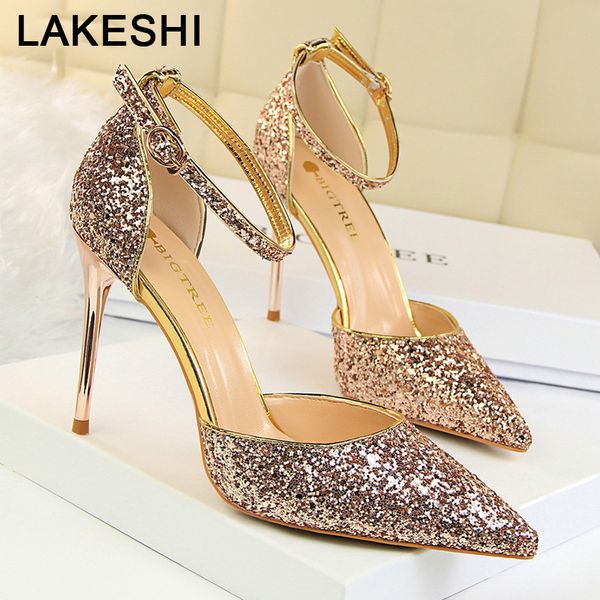 

spring new pumps fashion high heels silver stiletto gold wedding women party girls shoes y200702, Black