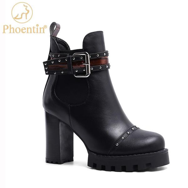 

phoentin rivet booties woman high heel buckle belt motorcycle boots platform 2020 women's shoes leather luxury shoes ft1108, Black