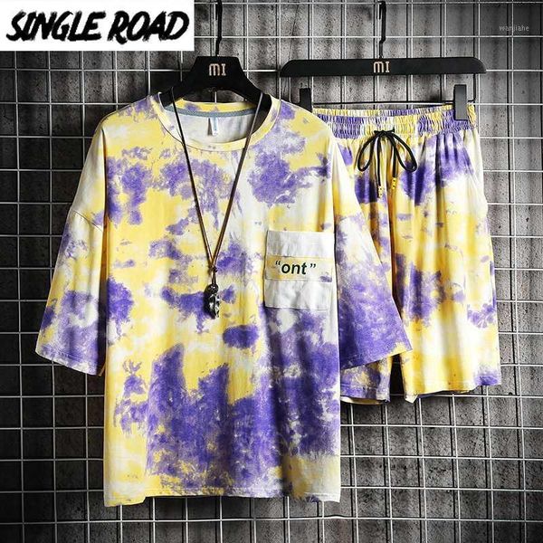 

single road men's japanese streetwear sets men 2020 summer t-shirt shorts men tie dye hip hop punk tracksuit korean clothes male1, Gray