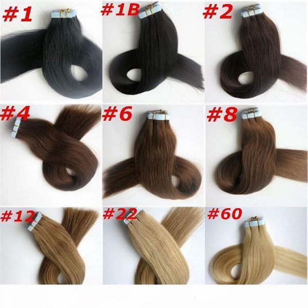 

100g 40pcs glue skin weft tape in hair extensions 18 20 22 24inch brazilian indian human hair extensions, Black