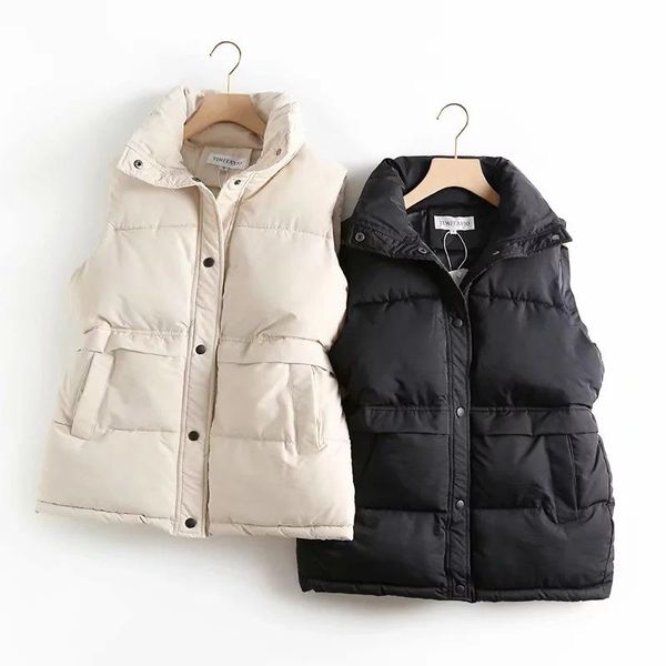 

autumn winter women's solid loose vest drawstring stand collar long vest jacket cotton padded women's windproof warm waistcoat, Black;white