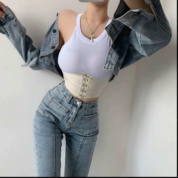 

summer fashion hollow u neck hanging neck small vest stitching design elastic waist waistcoat women can wear outside wear, White
