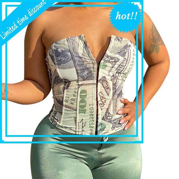 

women dollar print tube lace-up off-shoulder teas streetwear straplesss stitch crop party clubwear 2021, White