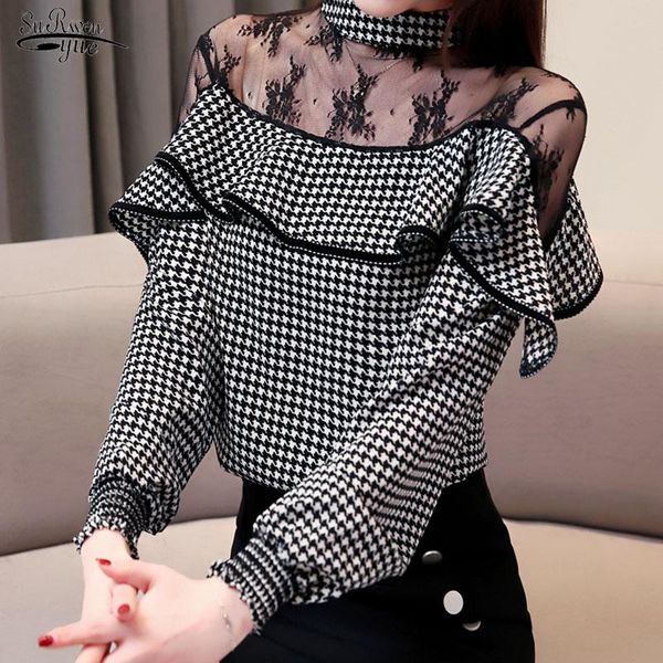 

women's blouses & shirts blusas mujer womens and 2021 elegant long sleeve women chiffon blouse polka dot stand ladies 2460, White