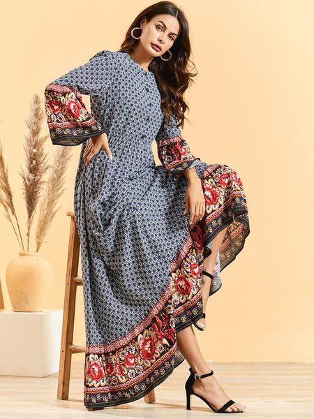 

Arab Muslim Dress Women Elegant Print Long Sleeve Maxi Vestidos Islamic Clothing Abaya Moroccan Kaftan Musulman Ramadan Elbise, Black;gray
