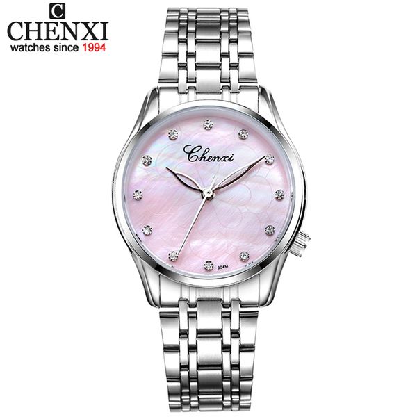 

chenxi new brand pink dial ladies watch 30m waterproof full stainless steel watch quartz ladies watch gift clock, Silver