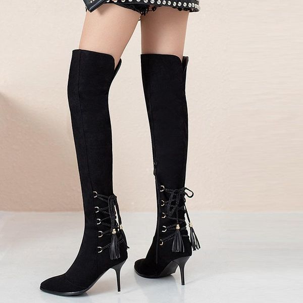 

boots pointed toe women thigh high autumn winter lace up fringe ladies shoes heels female over the knee long, Black