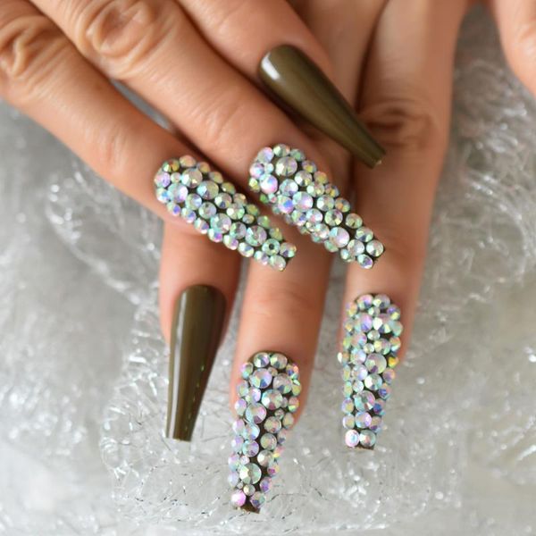 

24pcs extra long full cover coffin false nails 3d rhinestone designed press on nail tapered glossy faux ongles, Red;gold