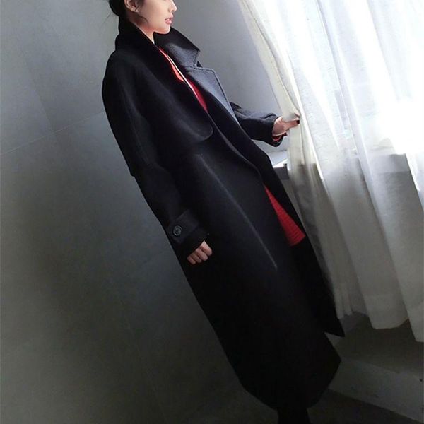 

women's wool & blends women winter coat cashmere jacket fashion medium long loose woolen black slim sleeve outerwear