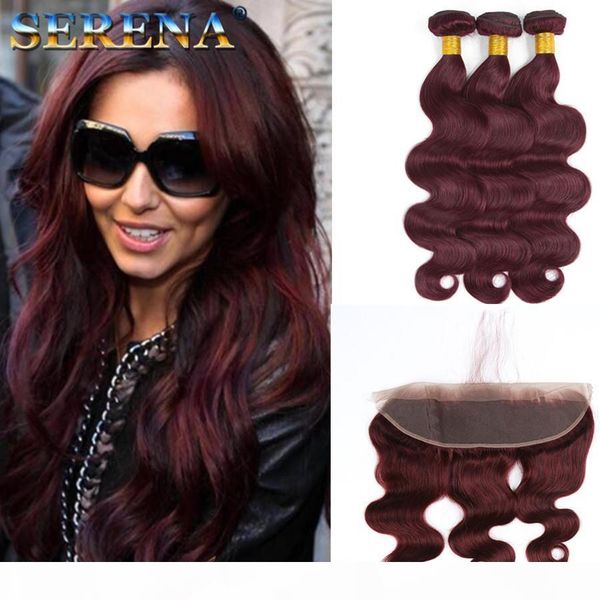 

#99j burgundy brazilian hair bundles with closure body wave wine red human hair weave extensions with 13x4 lace frontal part baby hair, Black;brown