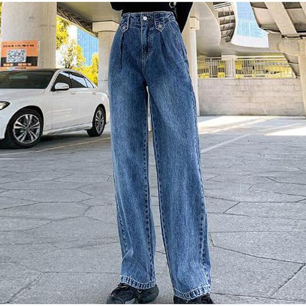 

autumn women's jeans vintage long straight pant female loose high waist jeans slim streetwear winter ladies casual full pant, Blue