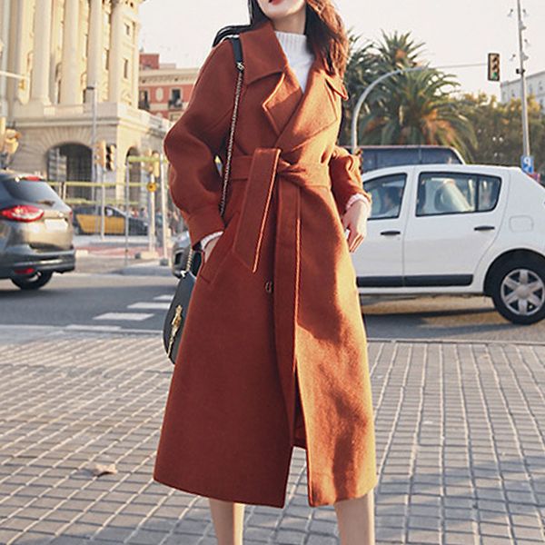 

2020 new woolen coat long thick female fashion pink coffee color belt elegent autumn winter women casual lantern sleeve slim, Tan;black