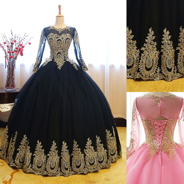 Bellissimi ovali Pattern Floral Applique Sheer Sheer maniche lunghe Quinceanera Dress Debutante Ball Gown Black with Gold Details