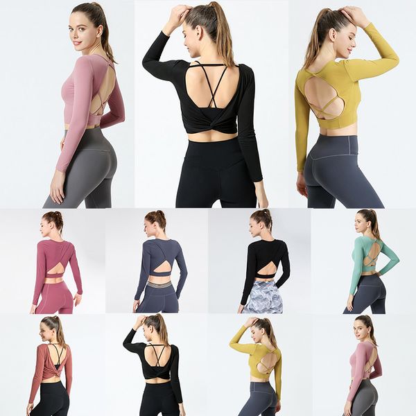 

soft autumn and winter long-sleeved yoga clothes women halter fitness tight-fitting beautiful back sports t-shirt training wear, White;red