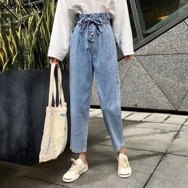 

jeans women ladies elegant high waist elastic rosette lace up ankle length button soft womens jean loose korean style harajuku, Blue
