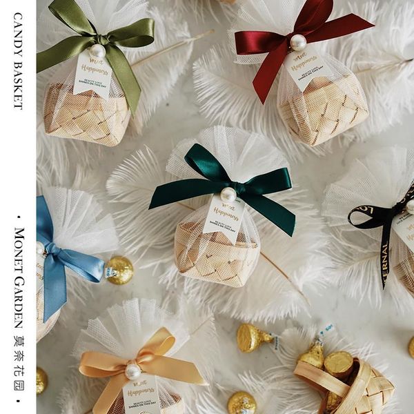 

gift wrap 10pcs/lot bamboo basket candy box with yarn bag chocolate packaging boxes baby shower wedding party supplies