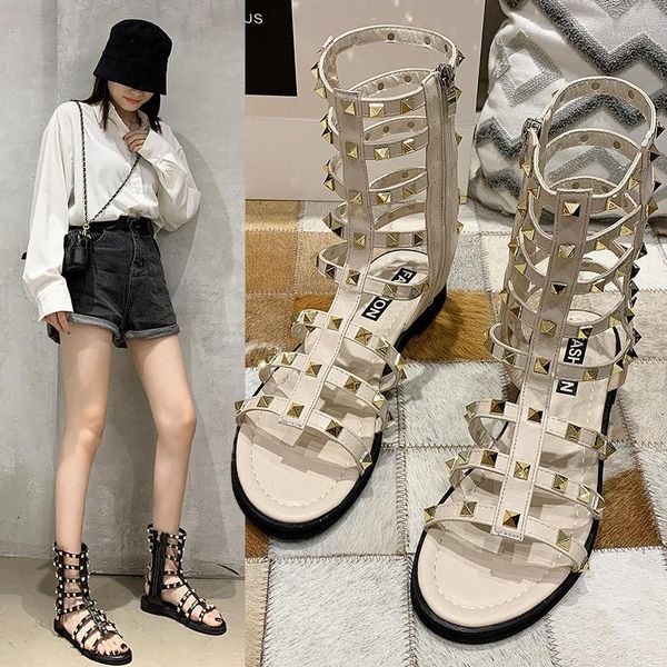 

2020 spring and summer roman hollow sandals in the tube retro wild flat sandals rivets fashion women z7211, Black
