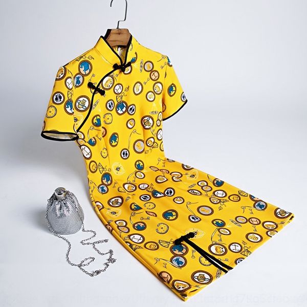 

13f6z new women's yellow cartoon high yellow style daily improved new d elasticity cartoon chinese cheongsam high elasticity chinese st, Black;gray