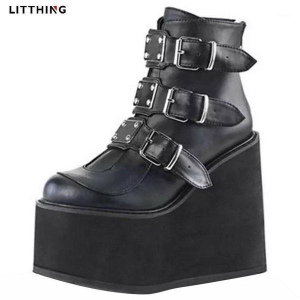 

litthing brand high platform ankle boots women 2020 fashion pvc strap decorating high wedges shoes woman dropshipping1, Black