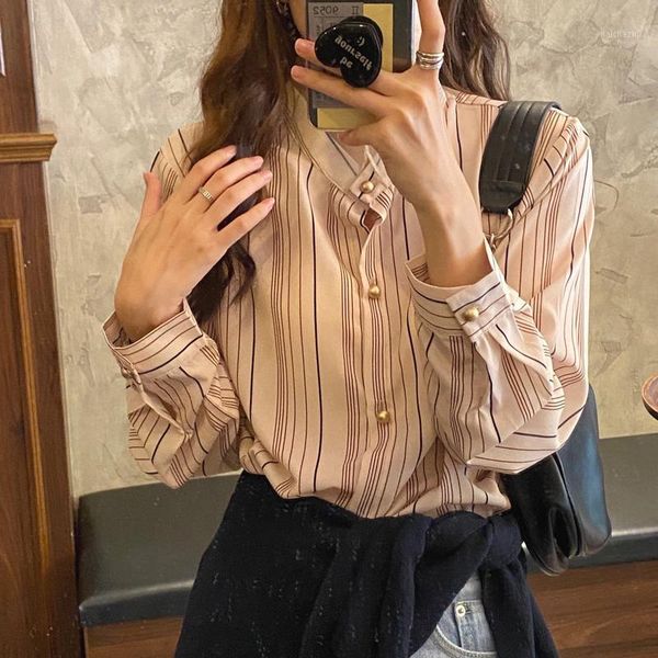 

hzirip women shirts 2020 autumn blouses striped contrast vintage stand collar elegant casual all match female office lady 1, White