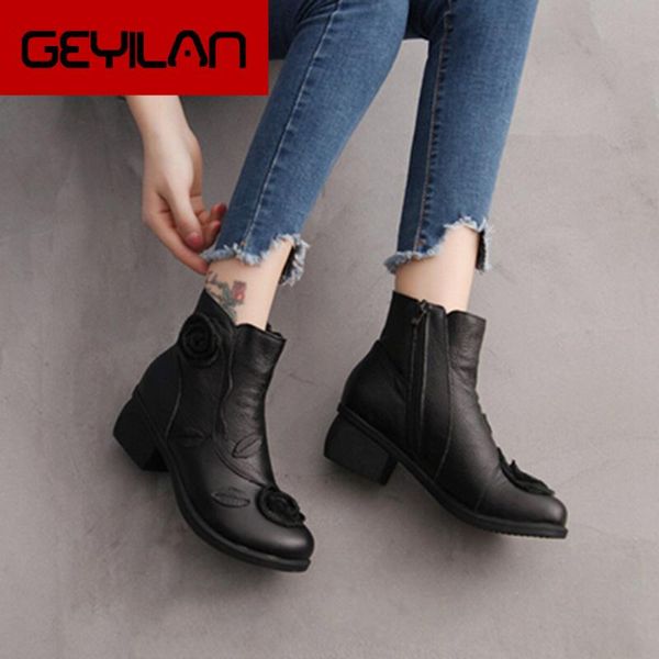 

boots women shoes winter short hand-stitched flowers ethnic style leather retro casual for, Black