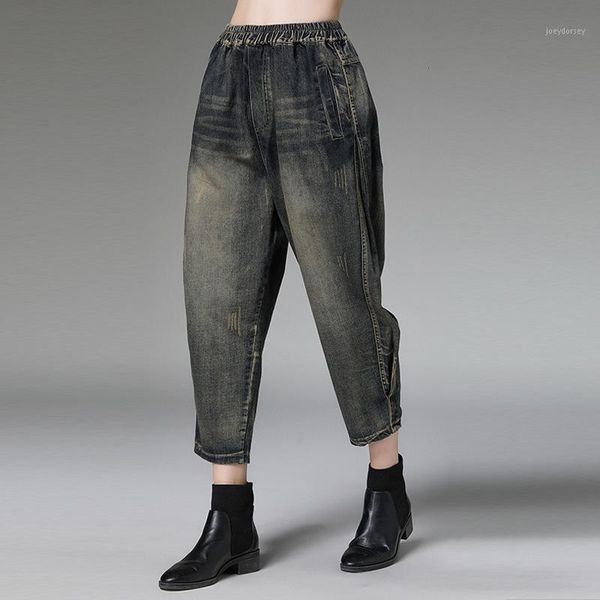

mevgo2019 new woman plus size elastic waistline denim harem pants vintage bleached pockets scratched femme jeans hc0101, Blue