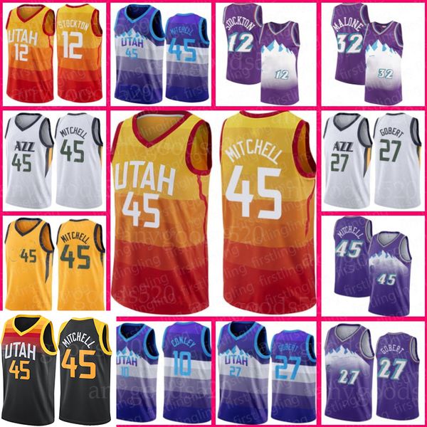 

donovan 45 mitchell utah jazz jersey john 12 stockton karl 32 malone rudy 27 gobert mike joe conley ingles ricky 3 rubio basketball, Black;red