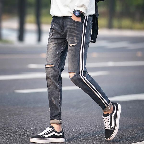 

ripped jeans men spring 2020 new slim fit hole mens jeans casual side stripe design denim pants men trousers 28-36, Blue