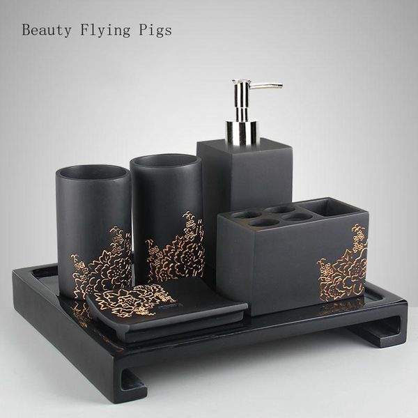 

direct sales new modern bathroom supplies set golden peony pattern bathroom toothbrush holder brushing teeth cup with tray