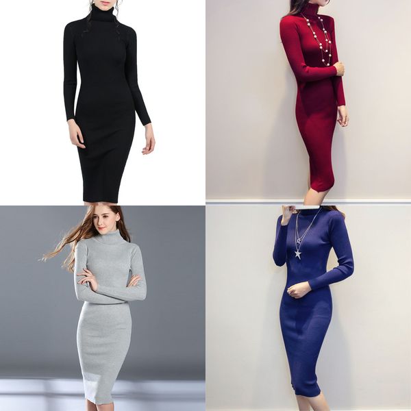 

women autumn winter sweater knitted dresses slim elastic turtleneck long sleeve lady bodycon robe dresses vestidos h1210, Black;gray