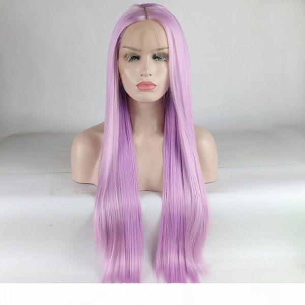 

purple synthetic lace wig with baby hair middle part heat resistant fiber long straight light purple synthetic lace front wigs, Black