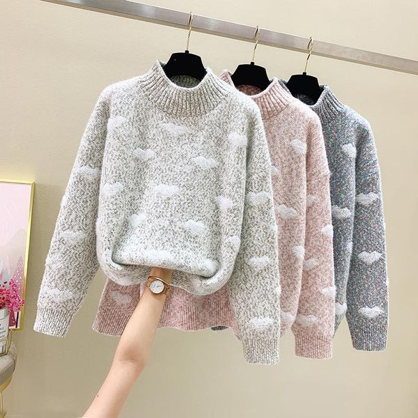 

women's sweaters love heart splicing vintage sweater half high collar women 2021 winter pullover knitting shirt thicken loose top, White;black