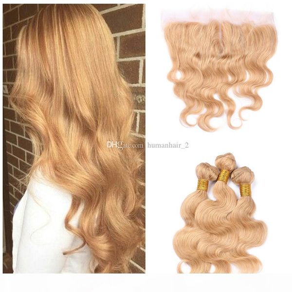 

8a brazilian honey blonde virgin hair 3 bundles with lace frontal closure 27 strawberry blonde body wave human hair weaves with 13*4 frontal, Black;brown