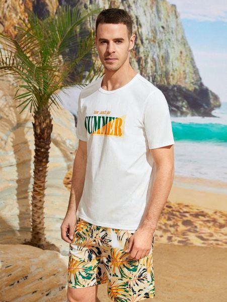 

men letter graphic tee & tropical print shorts w6f0#, Gray
