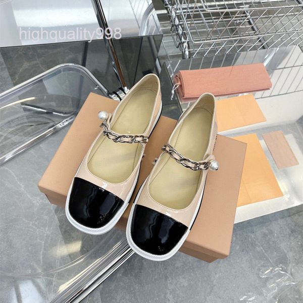

dress shoes high end quality early spring patent leather round head chain pearl home lazy candy color flat bottom muller single shoes women, Black