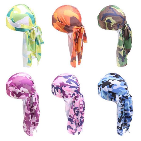 

beanies imitation silk durag pirate cap camouflage long tail bandana turban hat
