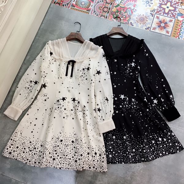 

designer 2020 black/white stars print women's dress milan runway v neck long sleeves 100% silk designer long dress 090607